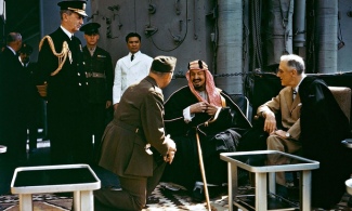 Meeting at Bitter Lake  President Franklin Roosevelt (right) meets King Abdulaziz. Photograph: Cour